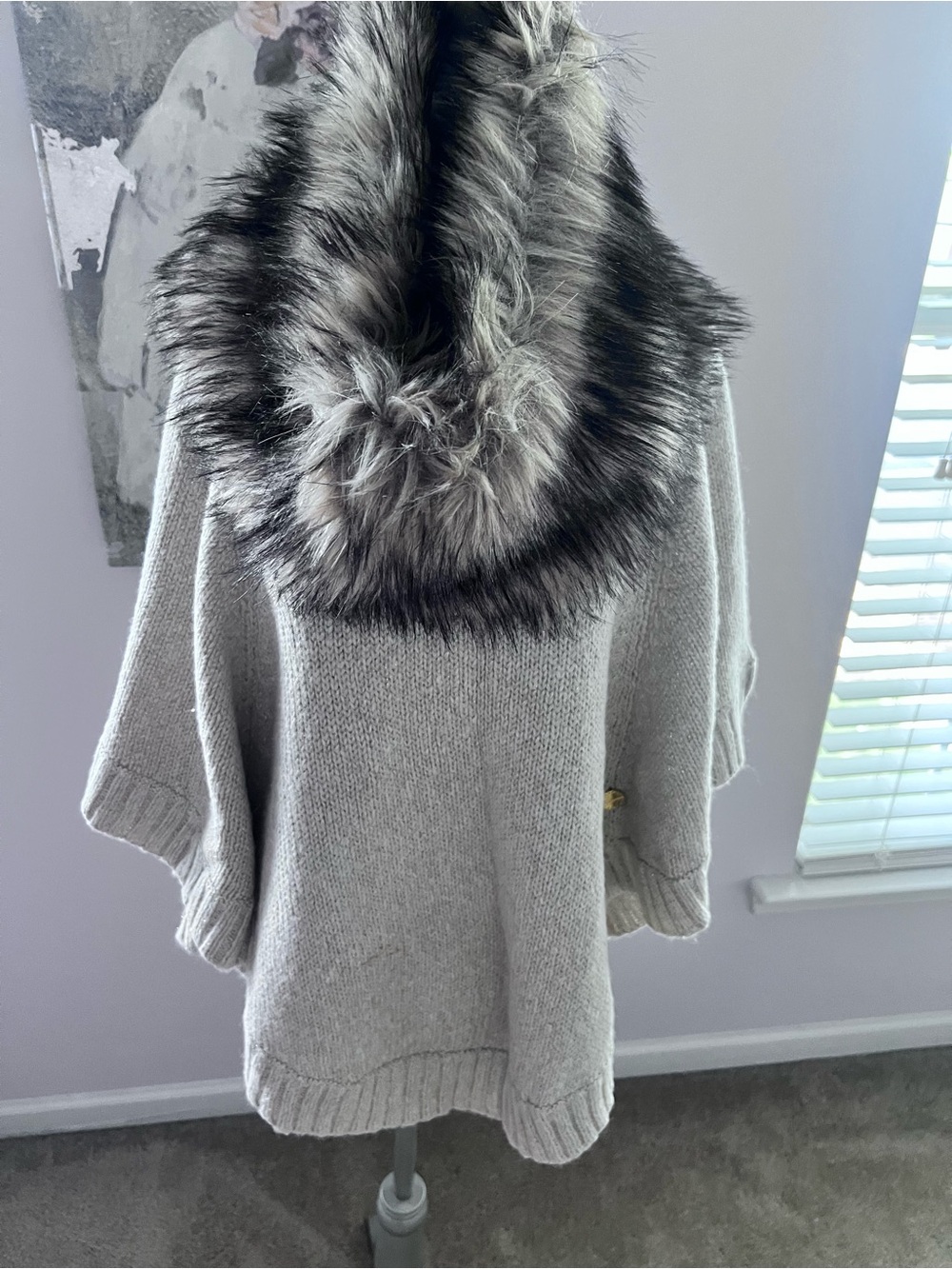 Michael Kors Cream Knit Poncho Sweater With Detachable Faux Fur Shawl